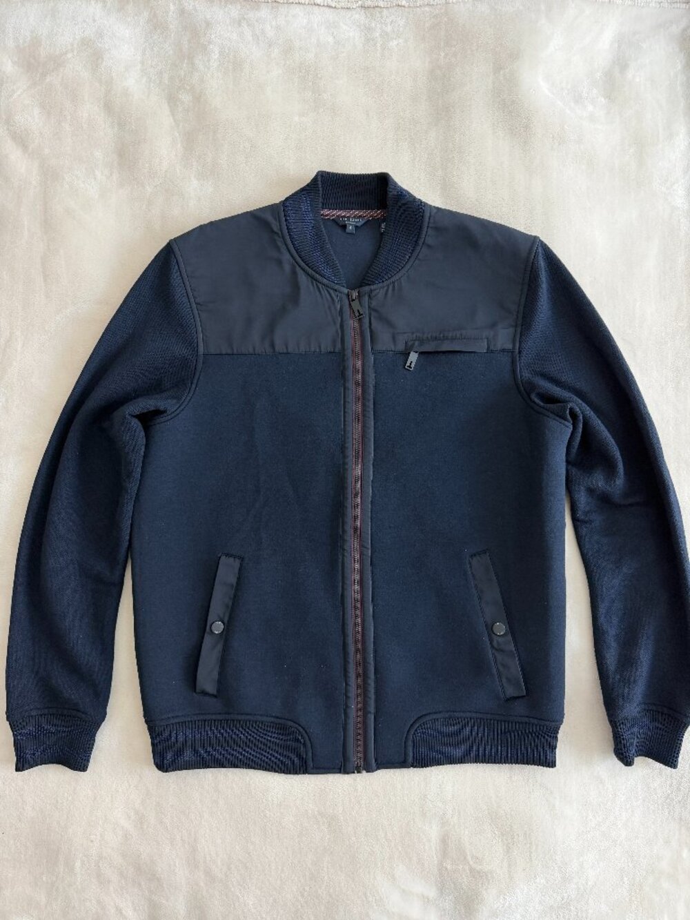 Ted Baker Stevan Mens Large Navy Mixed Media Bomber Varsity Jacket Size 4